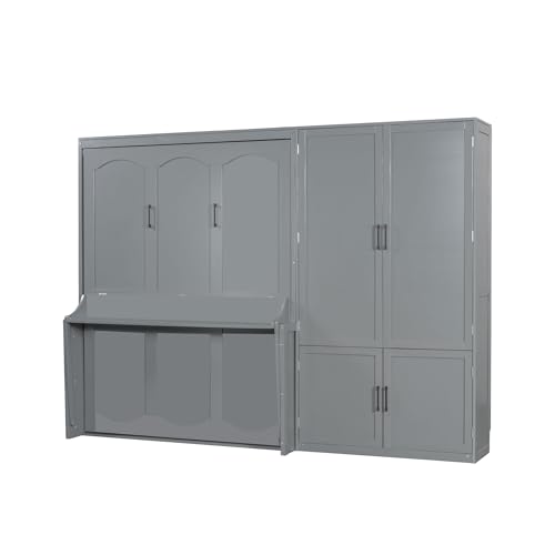 Queen Size Murphy Bed Wall Bed with Desk and Closet,Drawers and Shelves,for Small Spaces Studio Study Office Guest Room Use (Gray#Desk, Queen)