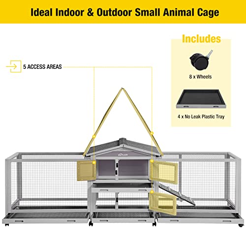 Aivituvin Rabbit Hutch 93.7" Large Rabbit Cage Indoor Outdoor Guinea Pig Cage Chicken Coop on Wheels Bunny Cage with 4 Deep No Leakage Pull Out Tray