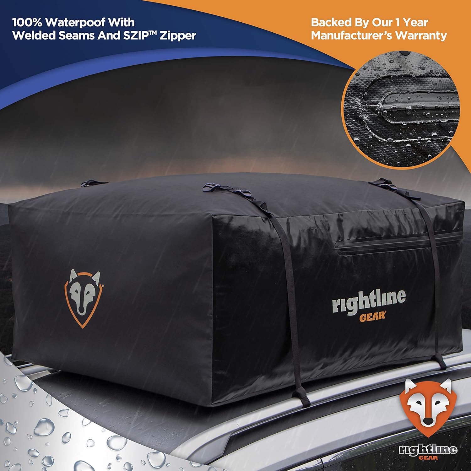 Rightline Gear Sport 3 Car Top Carrier, 18 cu ft, 100% Waterproof Zipper, Attaches With or Without Roof Rack