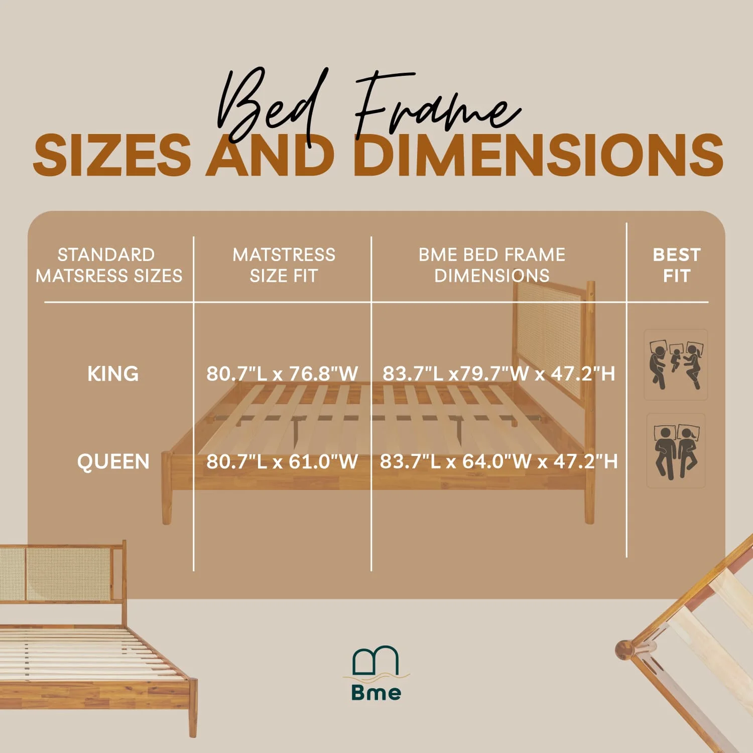 BME Asher 47" Queen Platform Bed Frame, Rattan Headboard, Mid Century and Boho, Solid Wood, Caramel