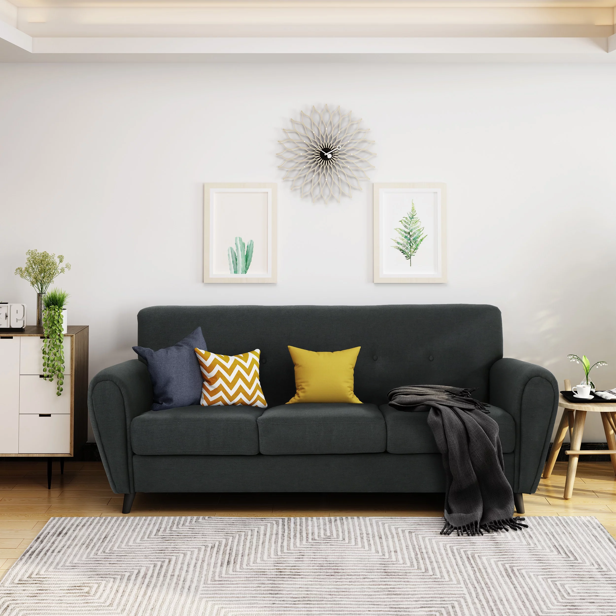 GDF Studio Emily Tufted Fabric 3 Seater Sofa, Dark Gray