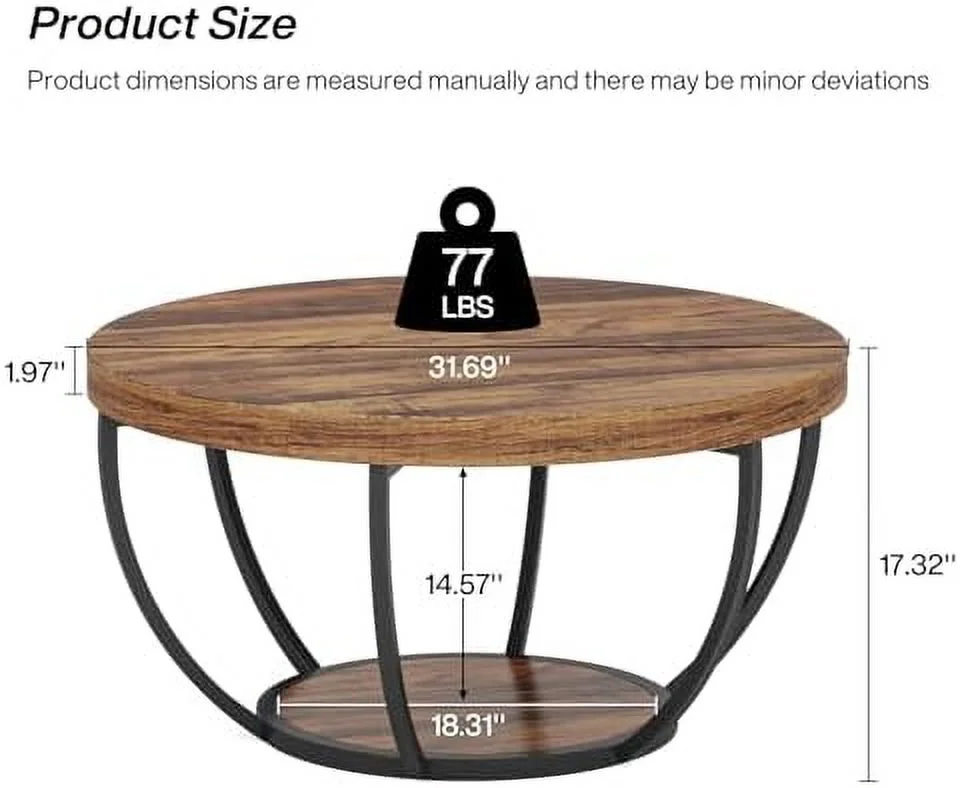 Round Coffee Table  Industrial 2-Tier Circle Coffee Table with  Shelves  JOMA 31.7"
