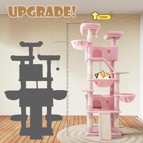 SHA CERLIN 81in Multi-Level Tall Cat Tree Tower for Indoor Kitties/Larger Cat Condo Furniture with Hammock/Cozy Pussycat Perches/Sisal Scratching
