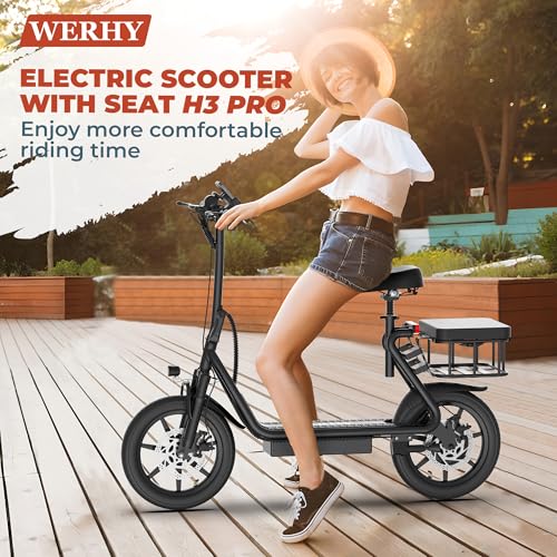 Electric Scooter with Seat, 500W Motor, 14'' Tires, Top Speed 22 mph, Max 27/49 Miles Ranges, Foldable E-Scooter with Suspension