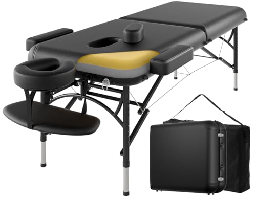 Professional Massage Table Portable 3 Fold Premium Memory Foam Aluminium Leg Hold Up to 1100LBS 8 Heights Adjustable with Carrying Bag Black