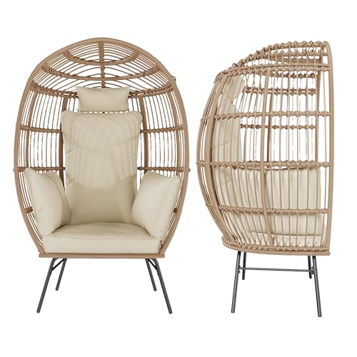 Oversized Wicker Egg Chair with Ottoman, Patio Lounge Chairs with Thick Cushion, Rattan Egg Basket with Steel Frame for Indoor/Outdoor, Porch