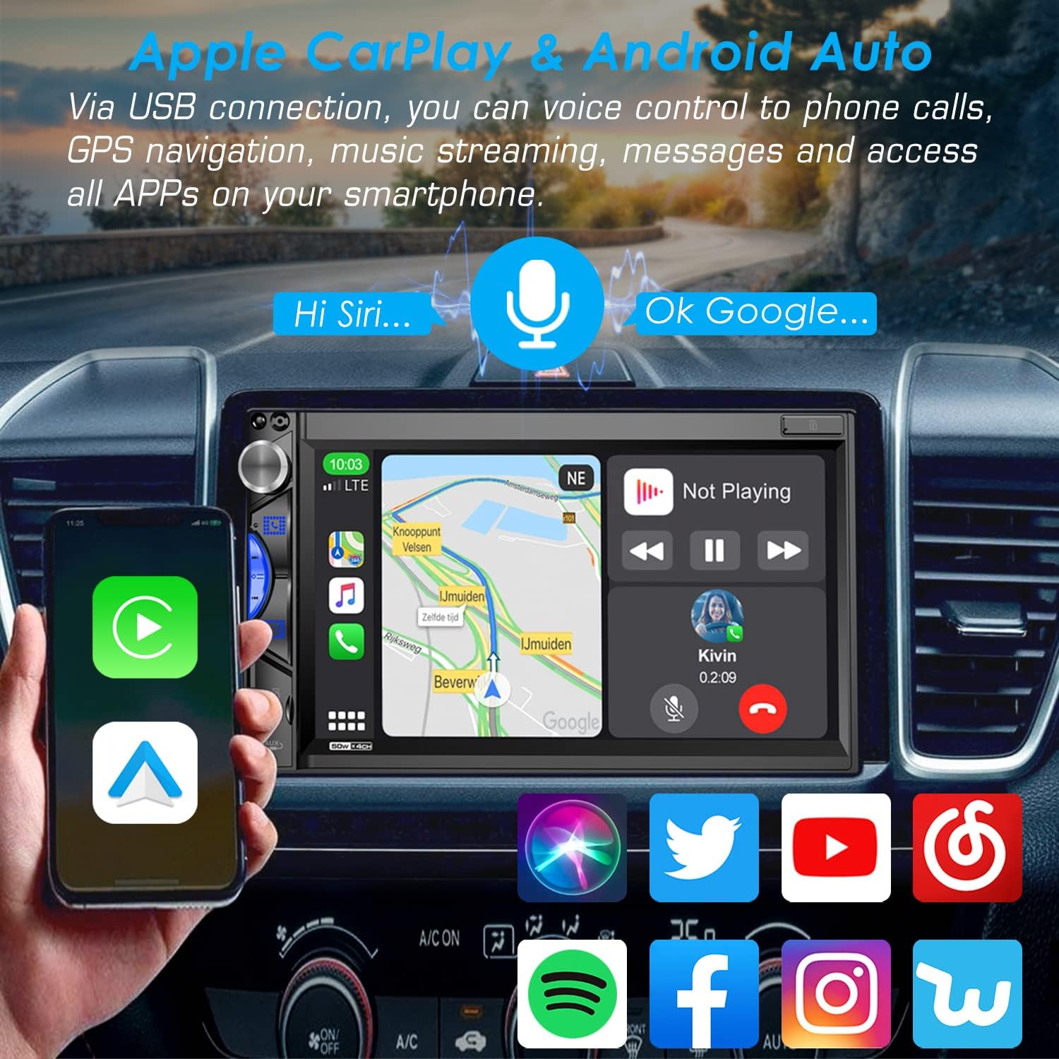 Double Din Car Stereo Receiver: 7" Touchscreen Car Audio with Carplay | Android Auto | MirrorLink | Bluetooth | AM/FM Car Radio | HD Rearview Camera