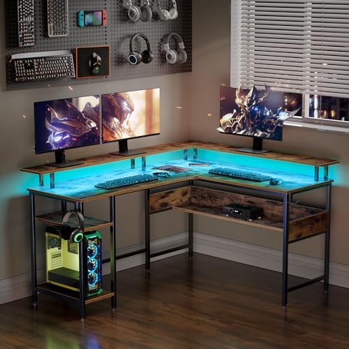Rolanstar Computer Desk 56.7" with LED Lights and Power Outlets, Carbon Fiber Surface, Reversible L Shaped Gaming Desk with Monitor Stand