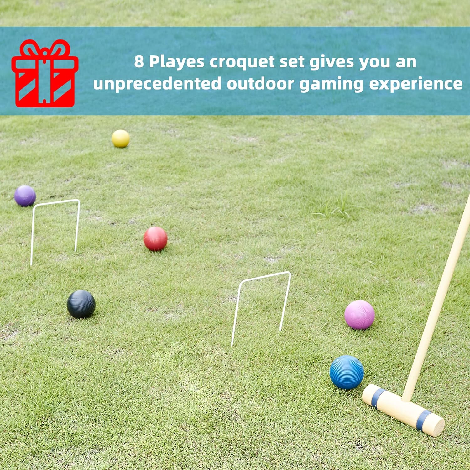 SpeedArmis 8 Players Croquet Set with 28In Pine Wooden Mallets, Colored PE Ball, Wickets, End Stakes