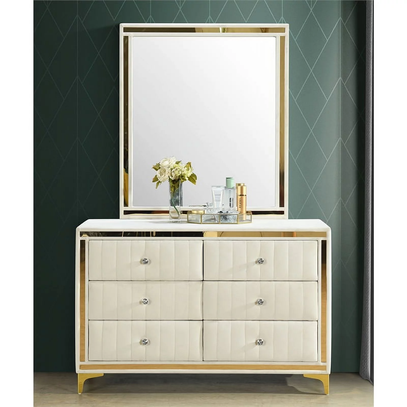 Better Home Products Velvet 6 Drawer Dresser with Mirror and Gold Legs in Cream
