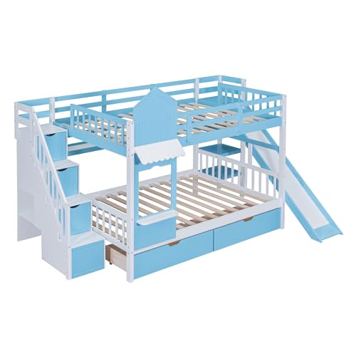 Kids Bunk Bed with Stairs and Slide, Wood Twin Over Twin Bunk Bed with Storage Drawers and Shelves, Castle Style Bunk Beds for Kids Teens Girls Boys