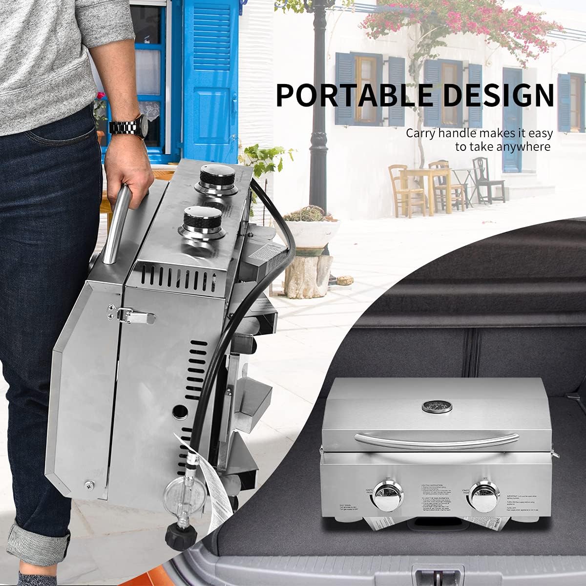 Happygrill Portable Gas Grill Stainless Steel Propane Grill Two-Burner Outdoor BBQ Grill with Foldable Leg for Camping Picnics, 20000 BTU