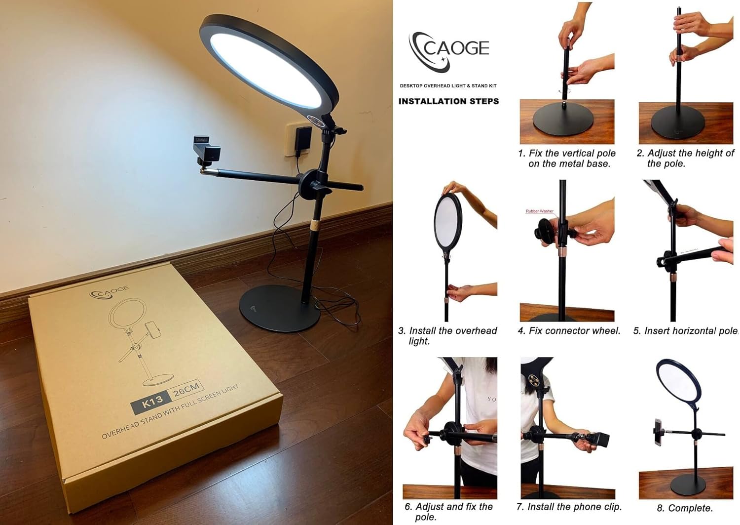 CAOGE LED Video Conference Lighting Kit Overhead Phone Mount with 10" Selfie Full Screen Fill Light, Brightness/Color Temperature Adjustable