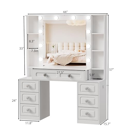Farmhouse Makeup Vanity with Lighted Mirror & Charging Station, Vanity Desk Dresser Table with 3 Lighting Modes Brightness Adjustable,Drawers