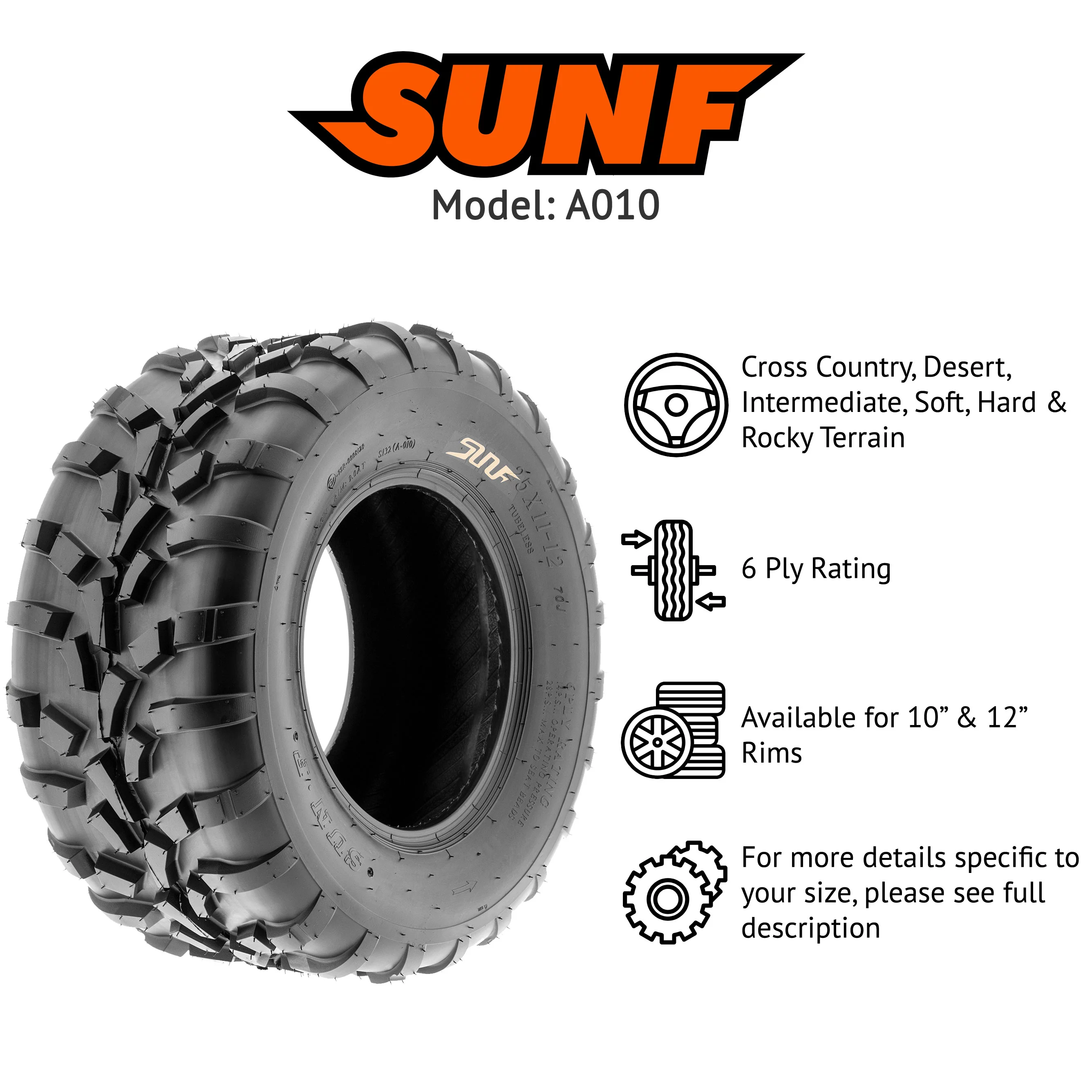 SunF All Trail ATV UTV Tires 25x11-10 6 PR A010 (Pair of 2) - Radiant Selections