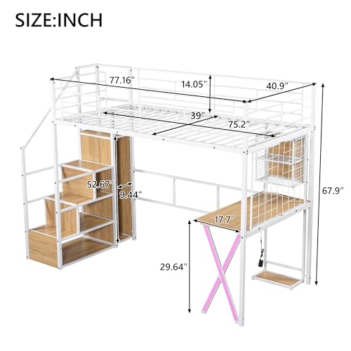 Modern Full Size Gaming Loft Bed with Built-in Desk and Storage Wardrobe, Wood Loft Bed Frame with Light Strip and 2 Drawers