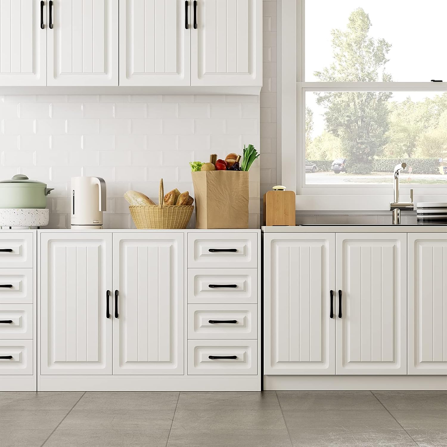 Kitchen Storage Buffet Cabinet, Large Sideboard with 2 Doors and 4 Drawers, Wood Floor Cupboard with Adjustable Shelf for Dining Room, Living Room