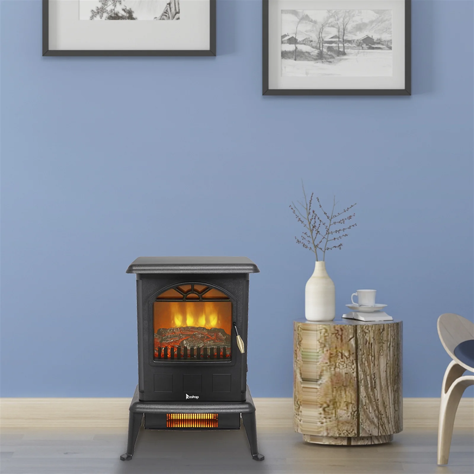 1500w Electric Stove Heater, 16.6" Freestanding Indoor Fireplace with Realistic 3D Flame Effect and Overheating Protection, Infrared Space Heater