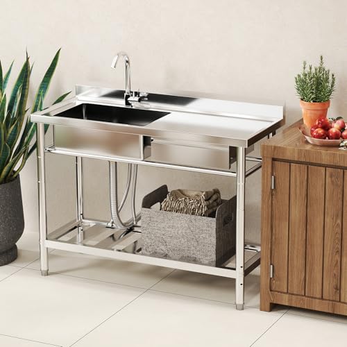 Stainless Steel Utility Sink, 47.2'' Free Standing Single Bowl Kitchen Sink with Right Drawer, Cold and Hot Water Pipe