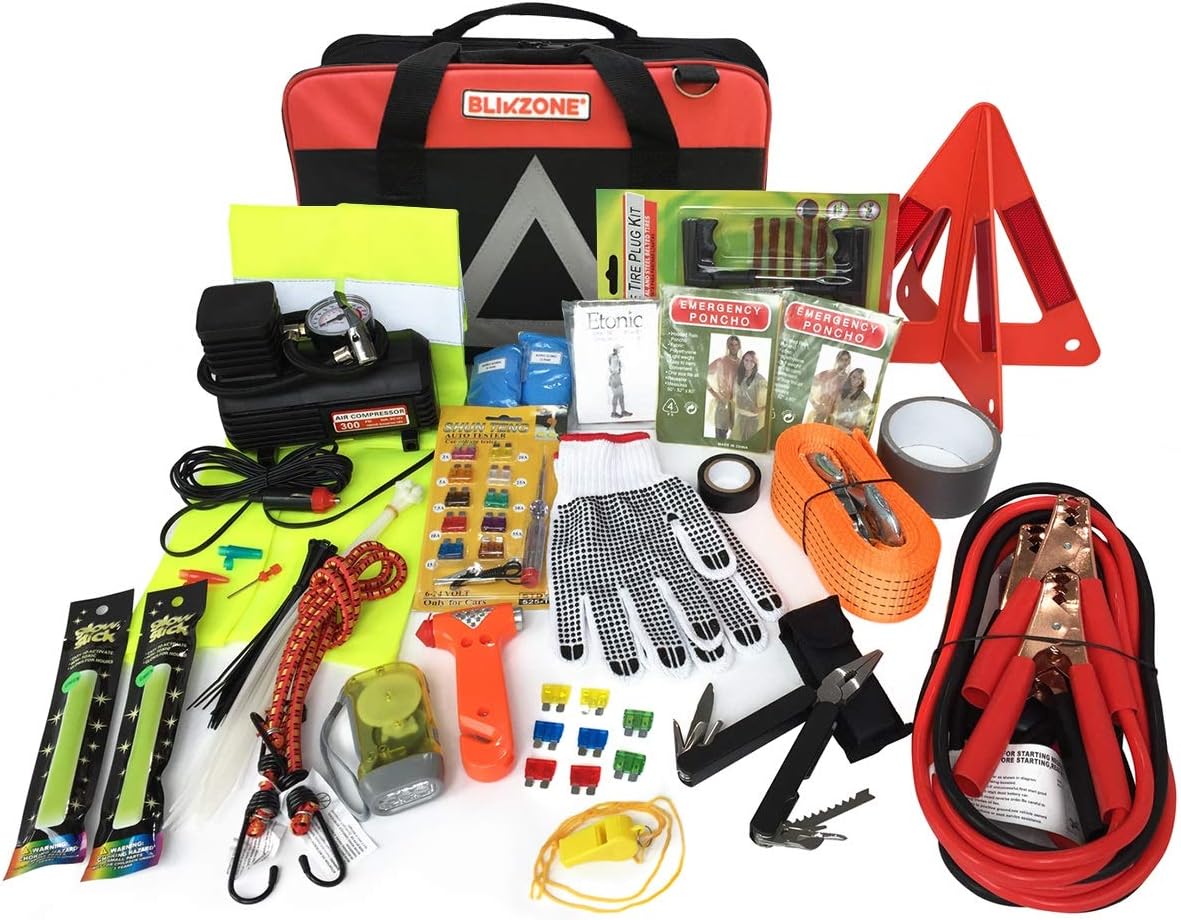 BLIKZONE Auto Roadside Emergency car kit Camo 81 Pc for Vehicle Emergency: Portable Air Compressor, Jumper Cables, Tire Repair Kit
