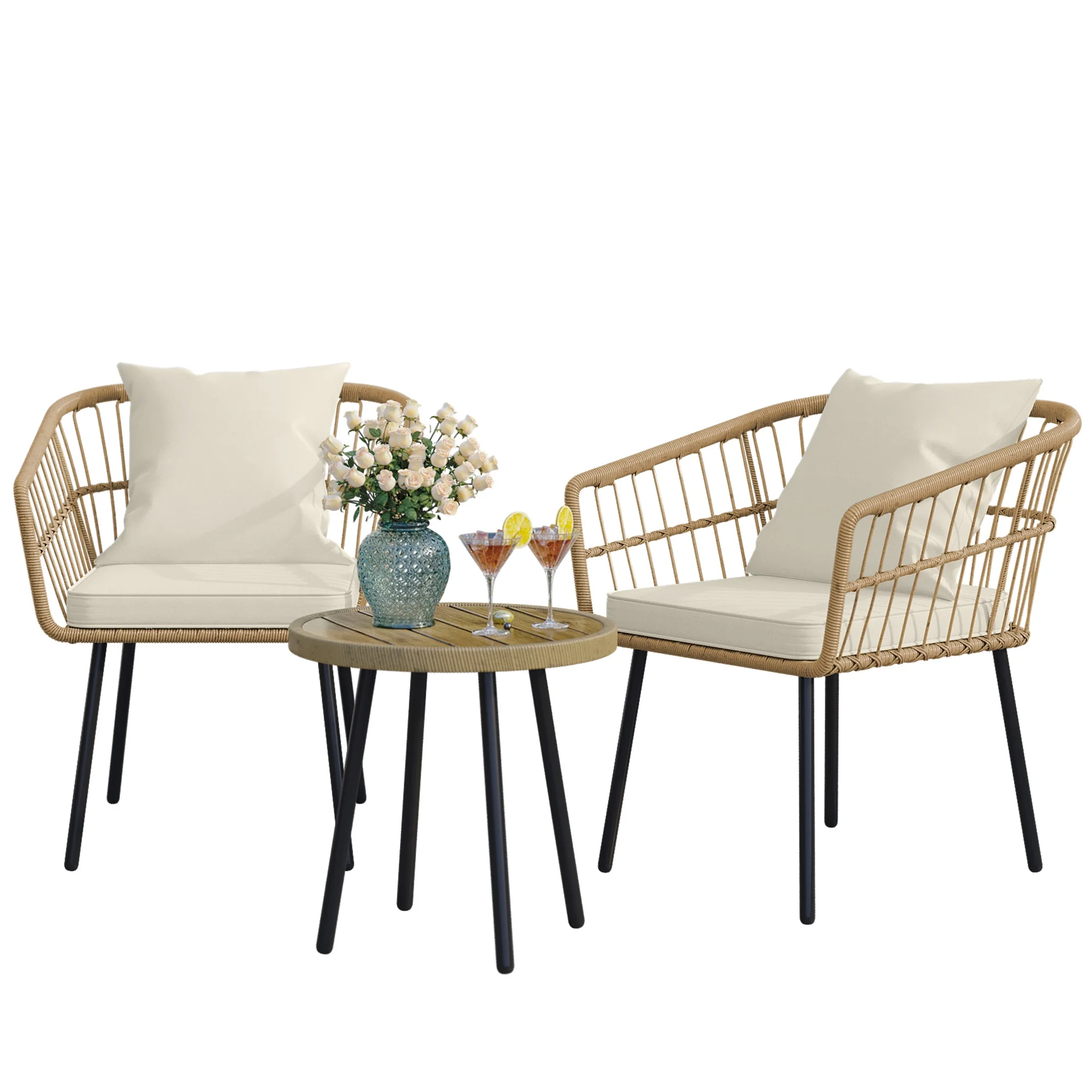Dextrus 3 Piece Outdoor Wicker Furniture Patio Bistro Set, PE Rattan Wicker Chairs Set with Table and Cushions