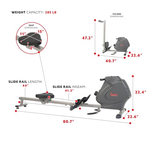 Sunny Health & Fitness Multi-Function Premium Magnetic Rowing Machine, Bicep Curls, Upward Rows, Seated Rows, Foldable Slide Rails, Digital Monitor