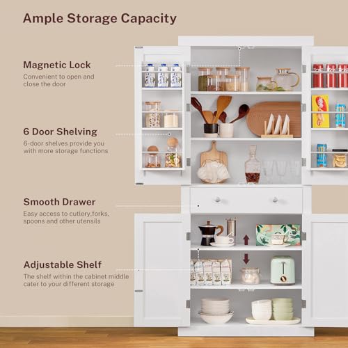 72” Pantry Cabinet, Kitchen Pantry Cabinet with 6 Doors Shelves & 1 Drawer, Kitchen Cabinets with 4 Door for Dinging Room, Living Room, White