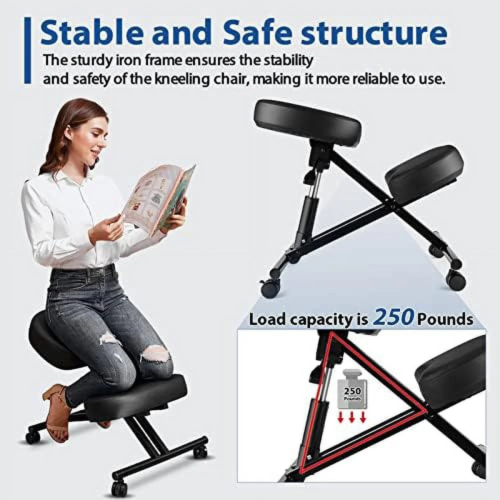 Ergonomic Office Kneeling Chair  Height Adjustable Stool with Thick Foam Cushions and Smooth Gliding Casters to Improve Posture and Relieve Pain