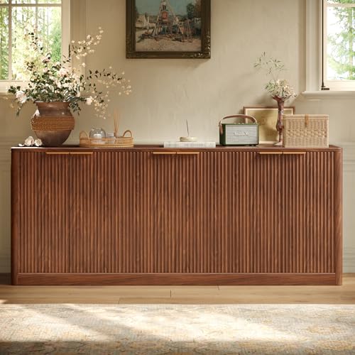 67" Fluted Oak Buffet Cabinet Sideboard with Storage, Large Credenza with 6 Doors