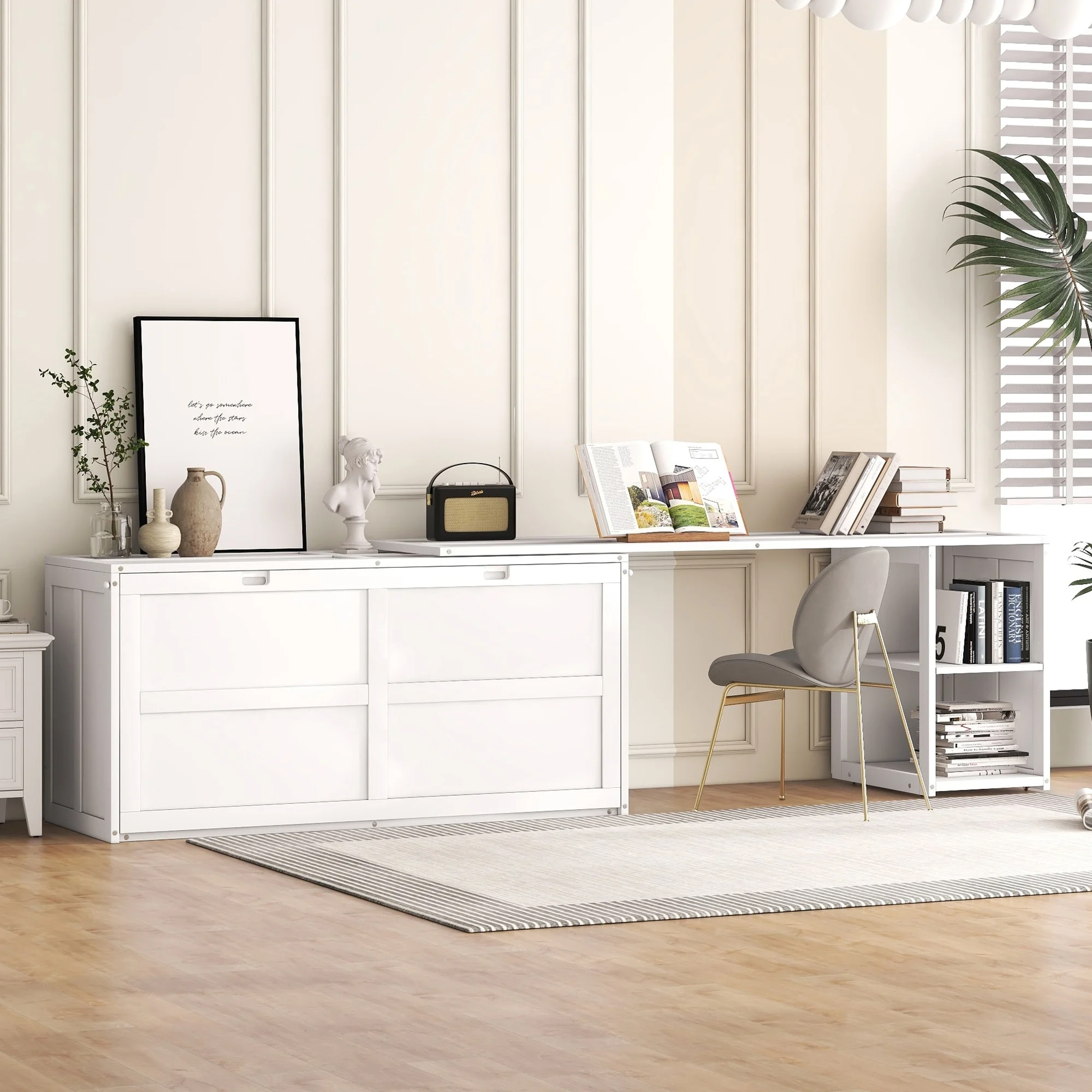Queen Size Murphy Bed with Rotable Desk & 2 Storage Shelves, Space-Saving Design Solid Pine Wood Floor Bed Frame White - Queen
