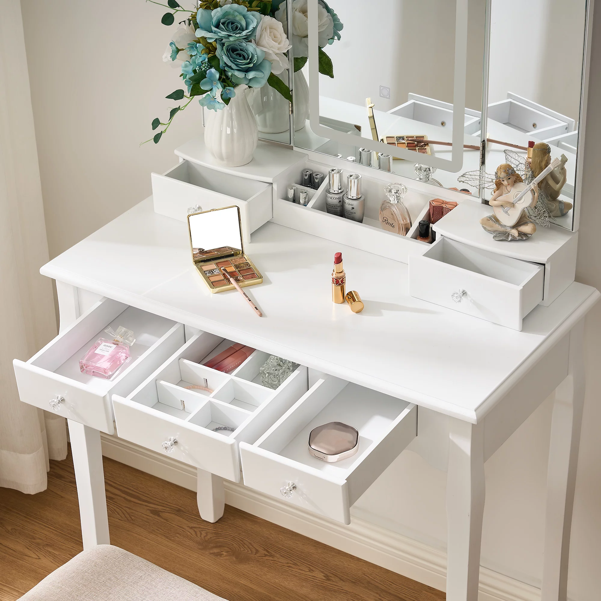 BEWISHOME Vanity Desk with Mirror and Lights, Makeup Vanity with Lights, White Vanity Set with Tri-Folding Mirror with 3 Colors