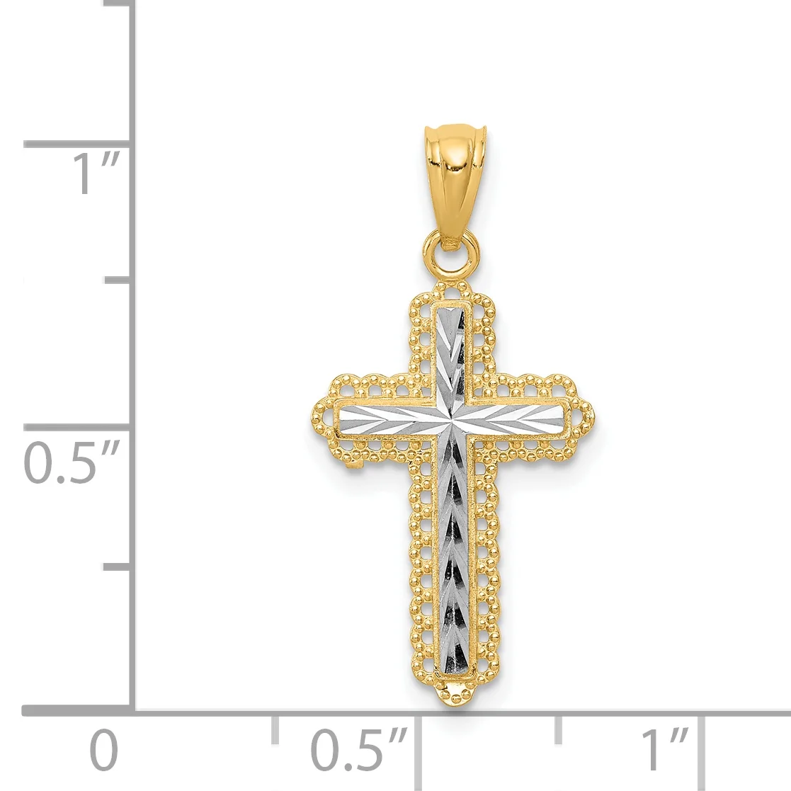14K Two-Tone Gold Rhodium Plated Diamond Cut Cross Pendant (21 mm X 13 mm) With 14K Yellow Gold Light Weight Rope Chain 16"