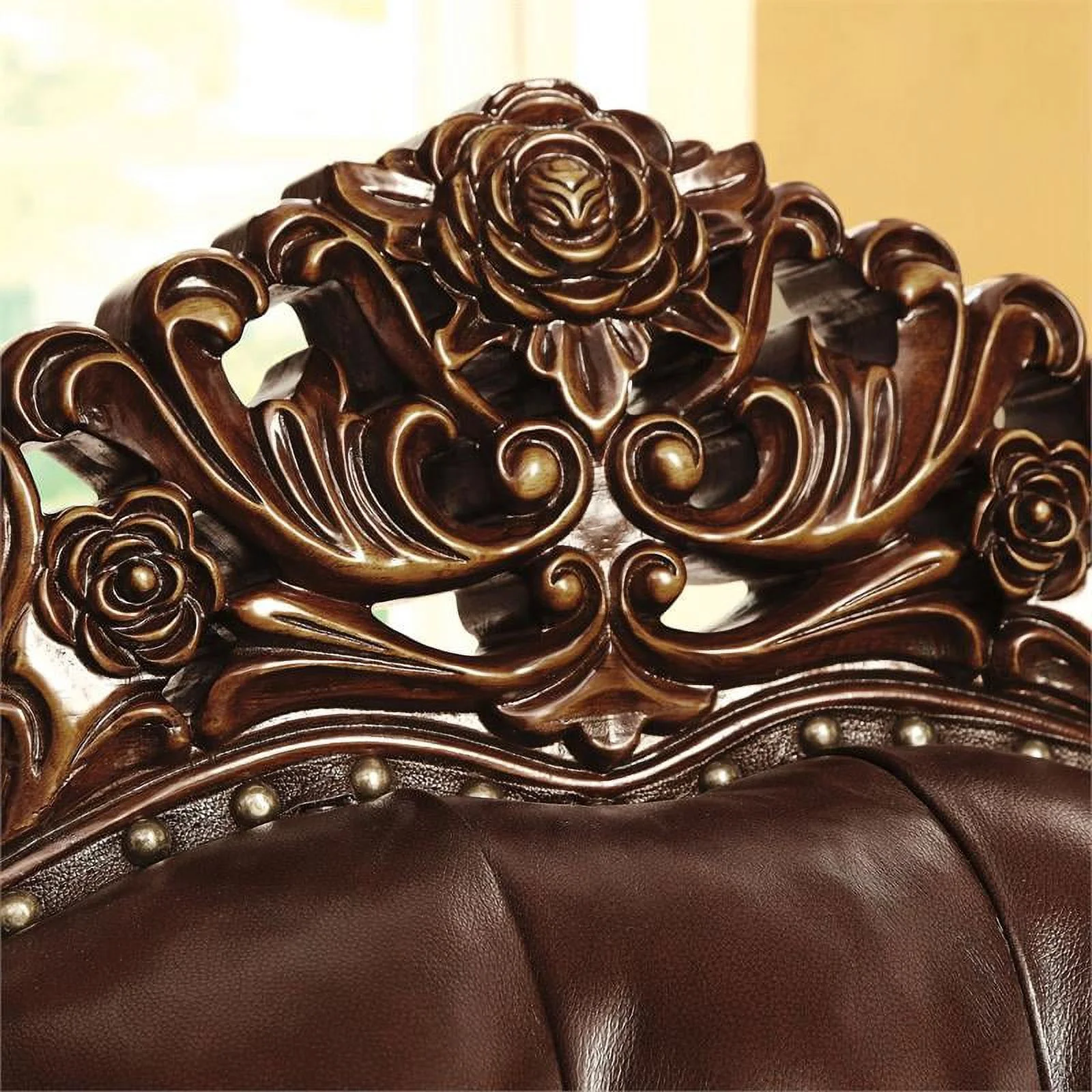 Pemberly Row Modern Top Grain Leather Tufted Sofa in Dark Oak