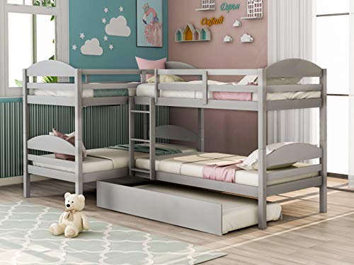 Four Bunk Bed Twin-Over-Twin-Over-Twin-Over-Twin L Shaped Bunk Bed with Trundle, Bunk Bed Can be Divided into 2 L-Shaped Beds for Accommodating 5