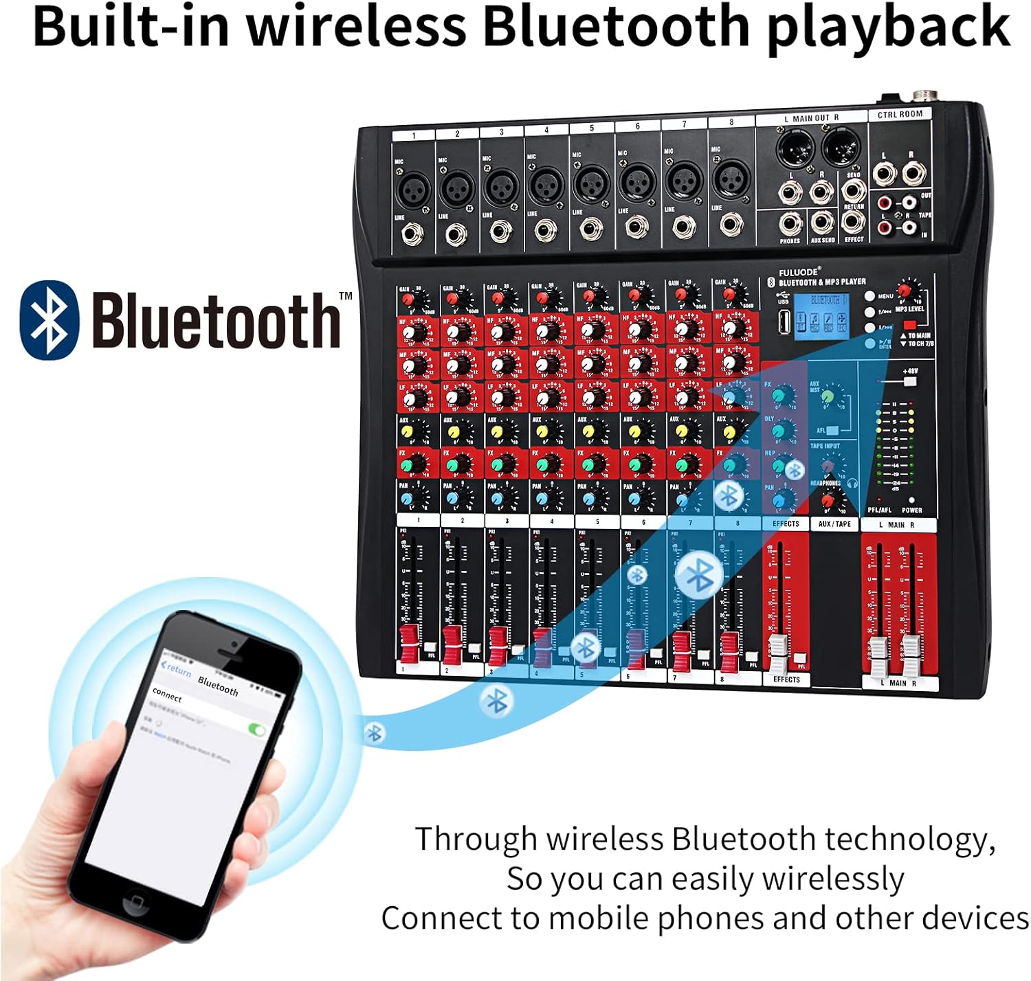 FULUODE CT80 Professional Audio mixer mixing Console 8 channels with MP3 Player +Bluetooth U disk 48V Phantom Power with DSP digital effects USB