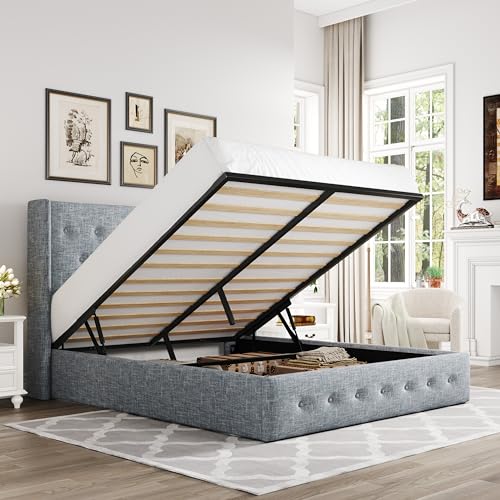 Allewie Full Size Lift Up Storage Bed, Modern Wingback Headboard, Hydraulic Support, No Box Spring Needed, Light Beige