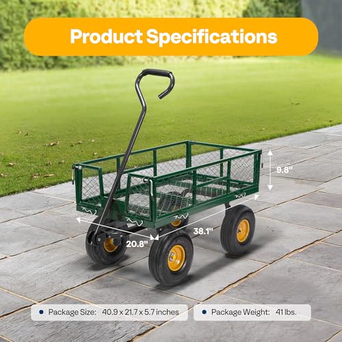 VIVOHOME Heavy Duty 880 Lbs Capacity Mesh Steel Garden Cart Folding Utility Wagon with Removable Sides and 4.10/3.50-4" Wheels 10 inch Tire (Black)