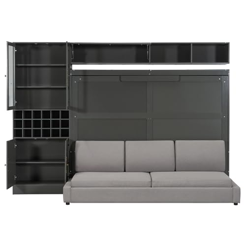 MERITLINE Queen Murphy Bed with Couch and Storage Shelves,Charging Station& LED Light
