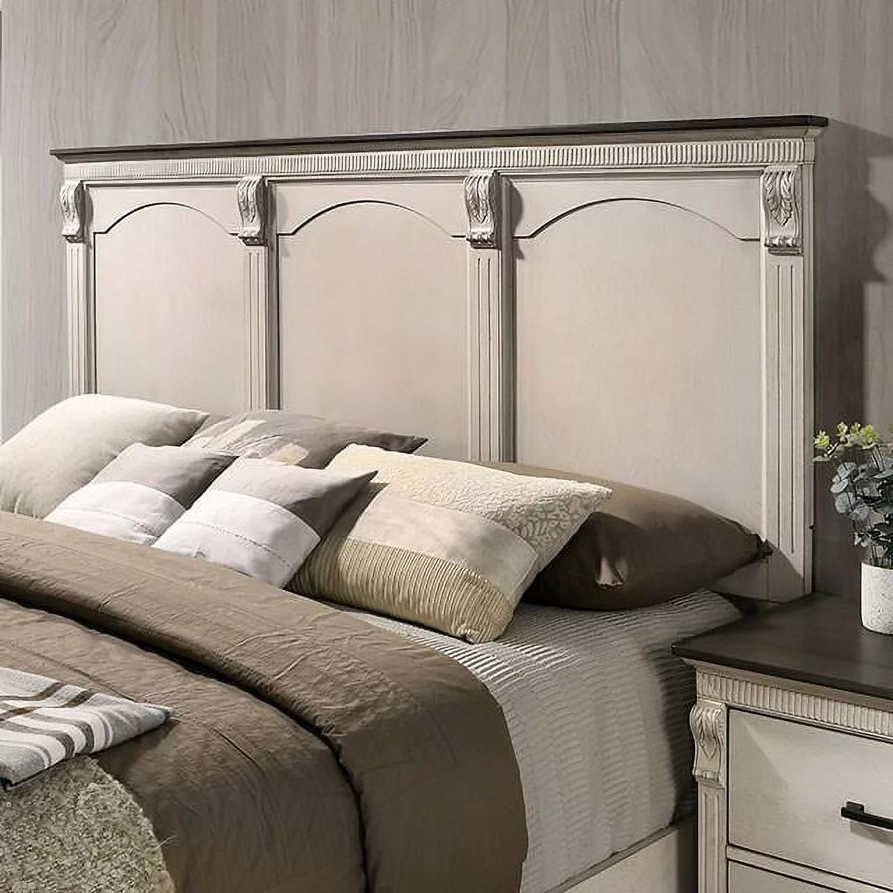 Transitional Antique White Solid Wood Queen Bedroom Set 6pcs FOA CM7182 Agathon