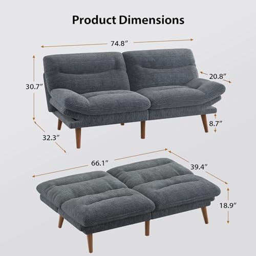 Pipishell Convertible Futon Sofa Bed,66" Corduroy Futon Couch with Adjustable Backrest and Armrests, Recliner Sleeper Sofa for Small Spaces