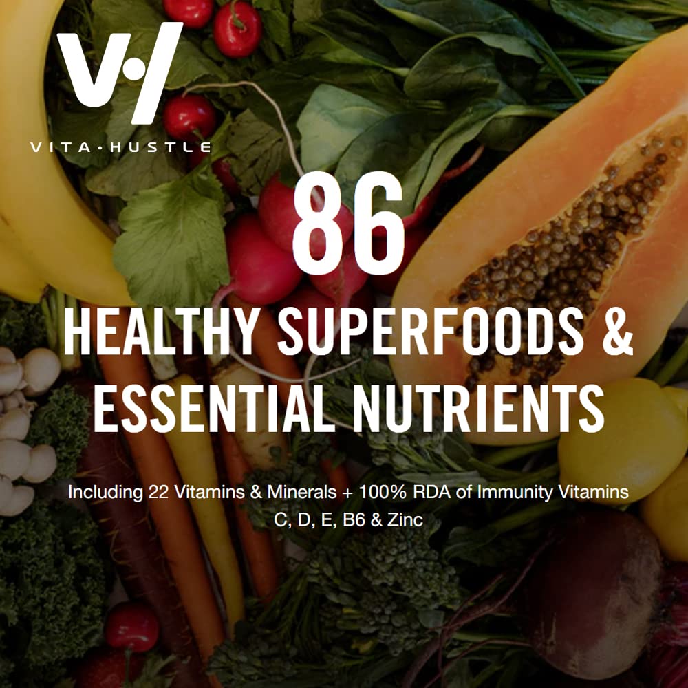 VitaHustle ONE Superfood Vegan Protein Powder Shakes - 20G Plant Based Protein, Super Greens, 1G Sugar, Probiotics, Energy, Digestion, Gluten Free