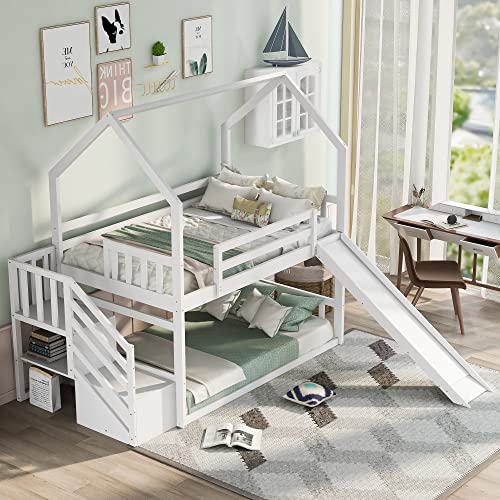 Merax Twin Over Twin House Bunk Bed Frames with Slide and Storage Staircase, No Box Spring Needed, White