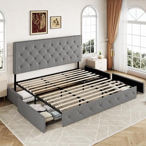 Allewie Upholstered Queen Size Platform Bed Frame with 4 Storage Drawers and Headboard, Square Stitched Button Tufted