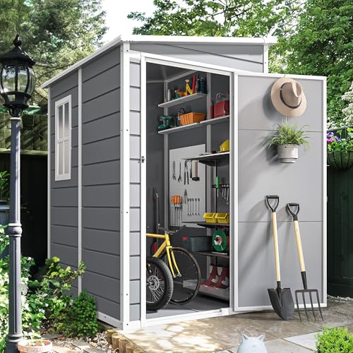 DWVO 5x3ft Resin Outdoor Storage Shed with Floor, Waterproof Lockable Storage Shed with Window, Plastic Outside Tool Storage for Garden, Backyard
