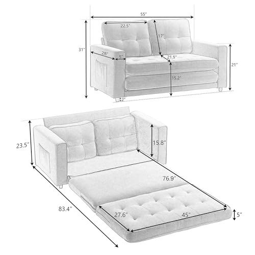 3-in-1 Upholstered Futon Sofa Convertible Floor Sofa Bed with Pull Out Sleeper Couch Bed - Foldable Tufted Loveseat Daybed for Living Room