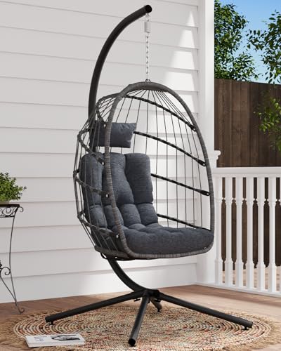 SWITTE Egg Chair Outdoor with Stand, Indoor Wicker Hanging Egg Swing Chair with Cushion, 350lbs Capacity for Patio, Bedroom, Garden - Gray