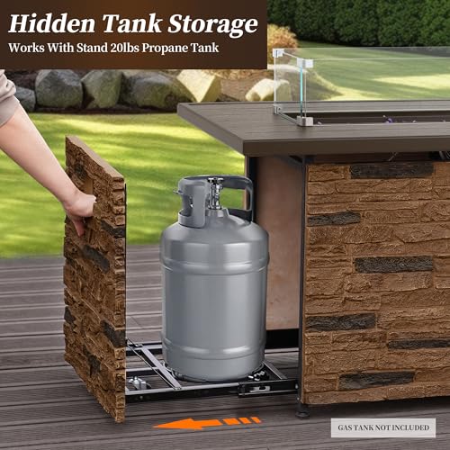 43¡± Propane Fire Pit Table Outdoor Rectangular Stone Firepit Table 50,000 Btu Propane Fire Tables for Outside Patio with Glass Wind Guard, Lid