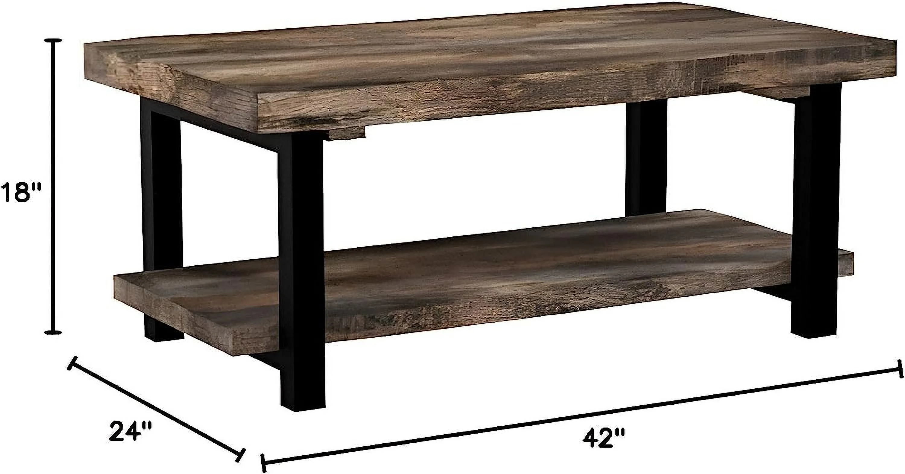 Furniture Pomona Rustic Industrial Modern Vintage Metal and Solid Wood Coffee Table  Easy Assembly  42 in x 24 in x 18 in  Brown