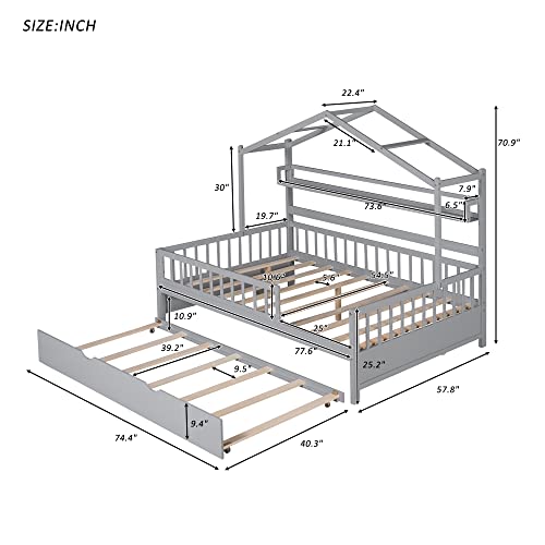 House Bed with Storage Shelf,Wooden Bed Frame with Full-length Guardrail for Bedroom, No Box Spring Needed (Pink, Full Size House Bed with 2 Drawers)