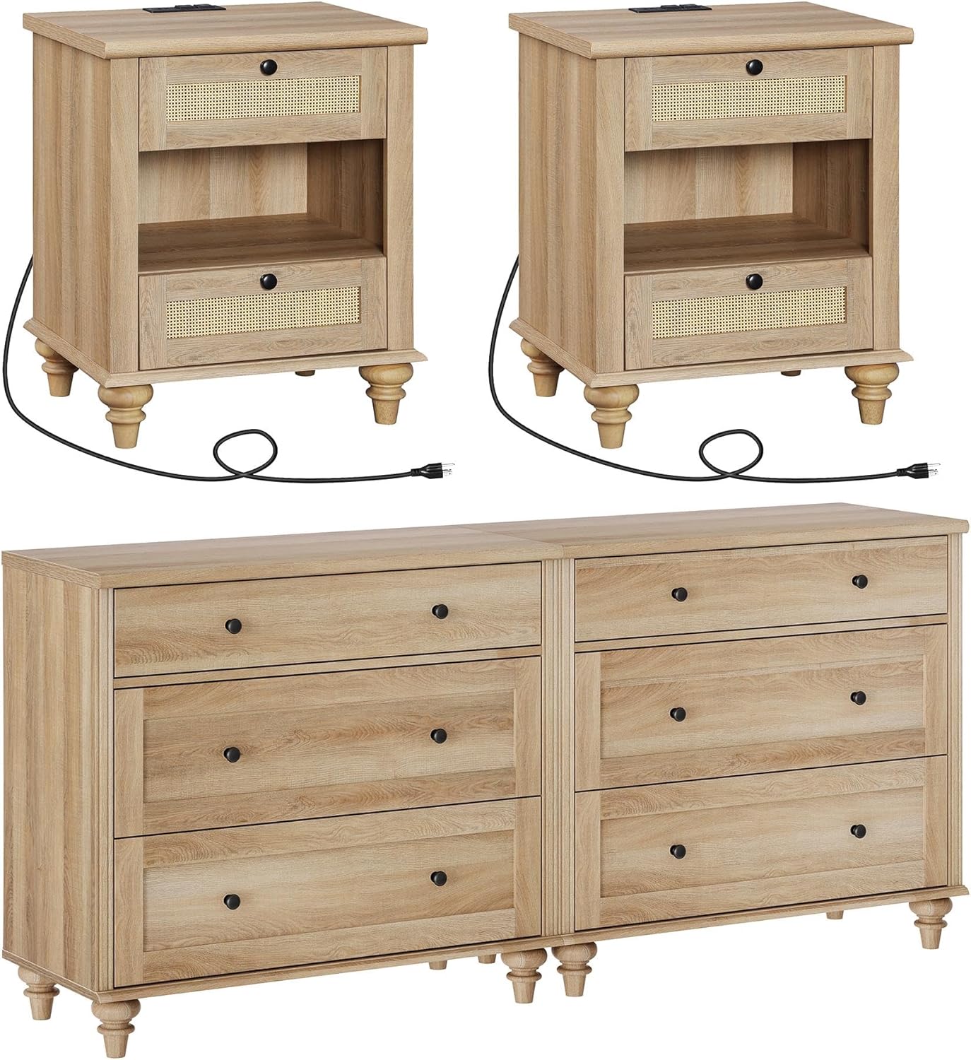 WAMPAT 4 Piece Dresser and Nightstand Sets - includes Two Farmhouse 3 Drawer Dressers for Bedroom